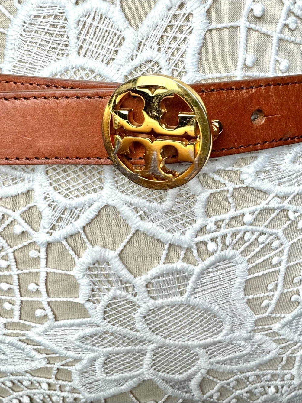 Tory Burch Cognac Leather Beaded Belt with Red and White Beads with TT Buckle XS